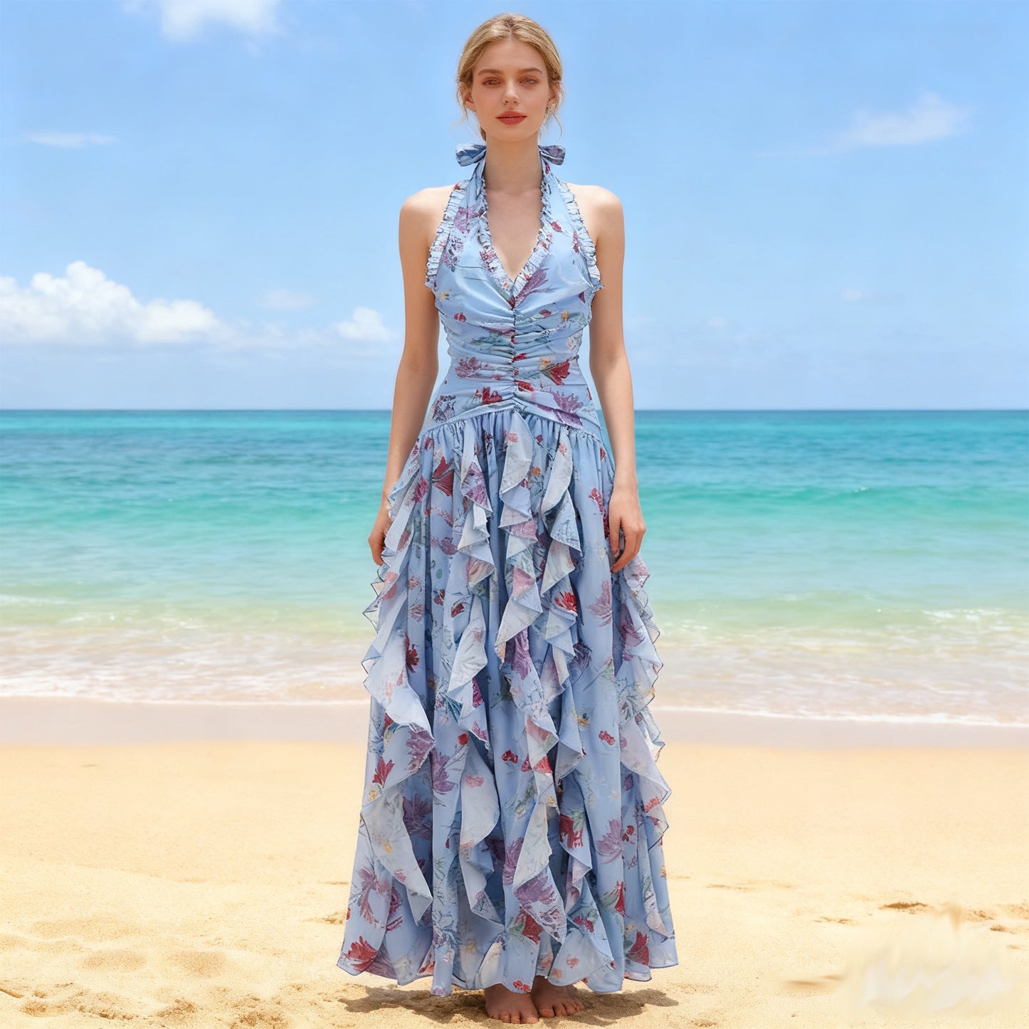 Sweet sleeveless halterneck floral sexy lotus leaf long dress