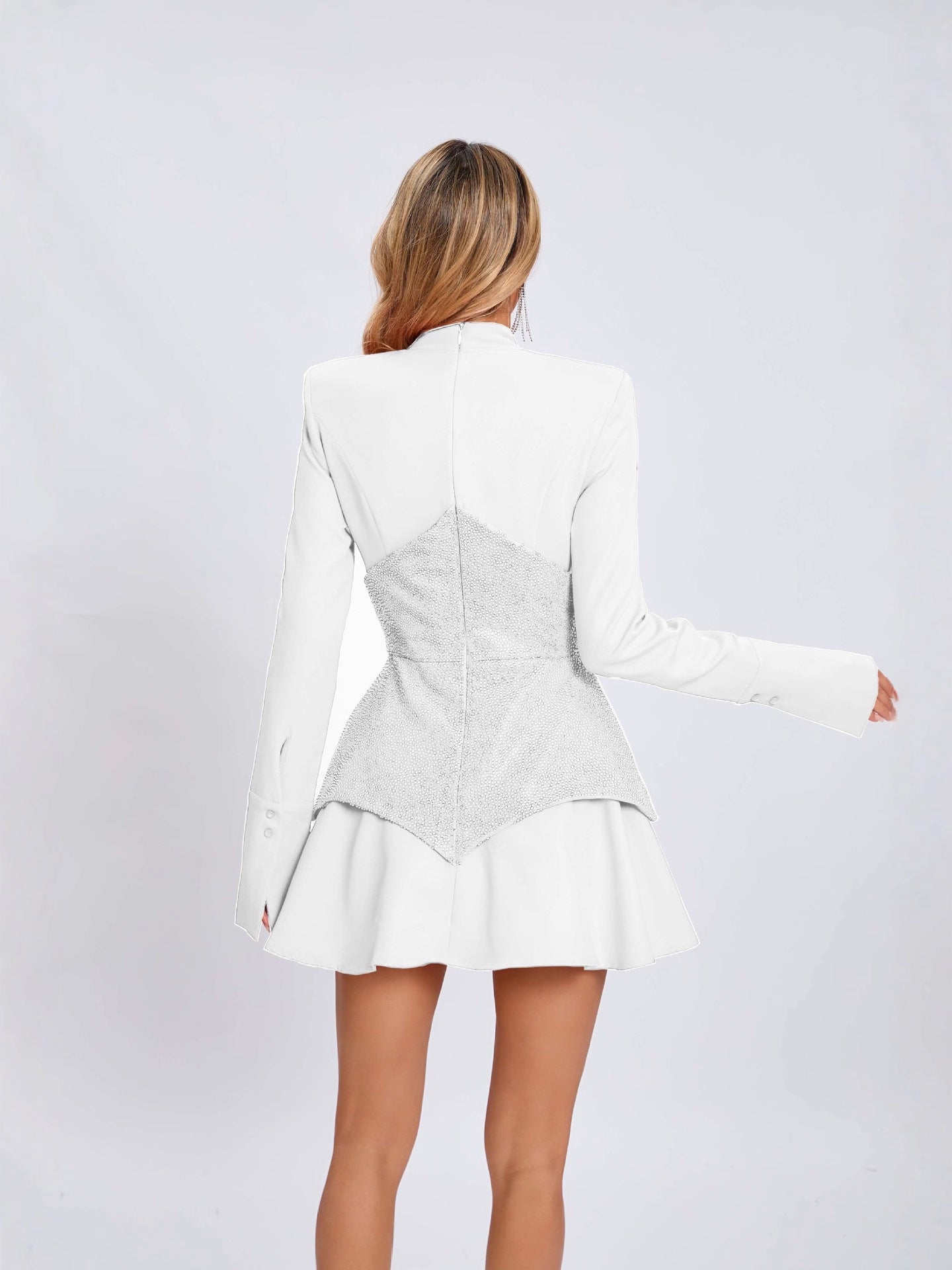 Stand collar long sleeve sequin contrast color slim fit patchwork dress