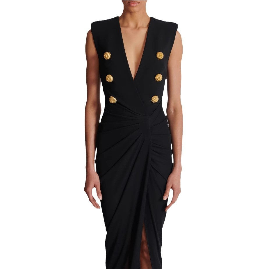 Sleeveless deep V-neck high-waisted dress with pleats and an irregular slit, evening gown