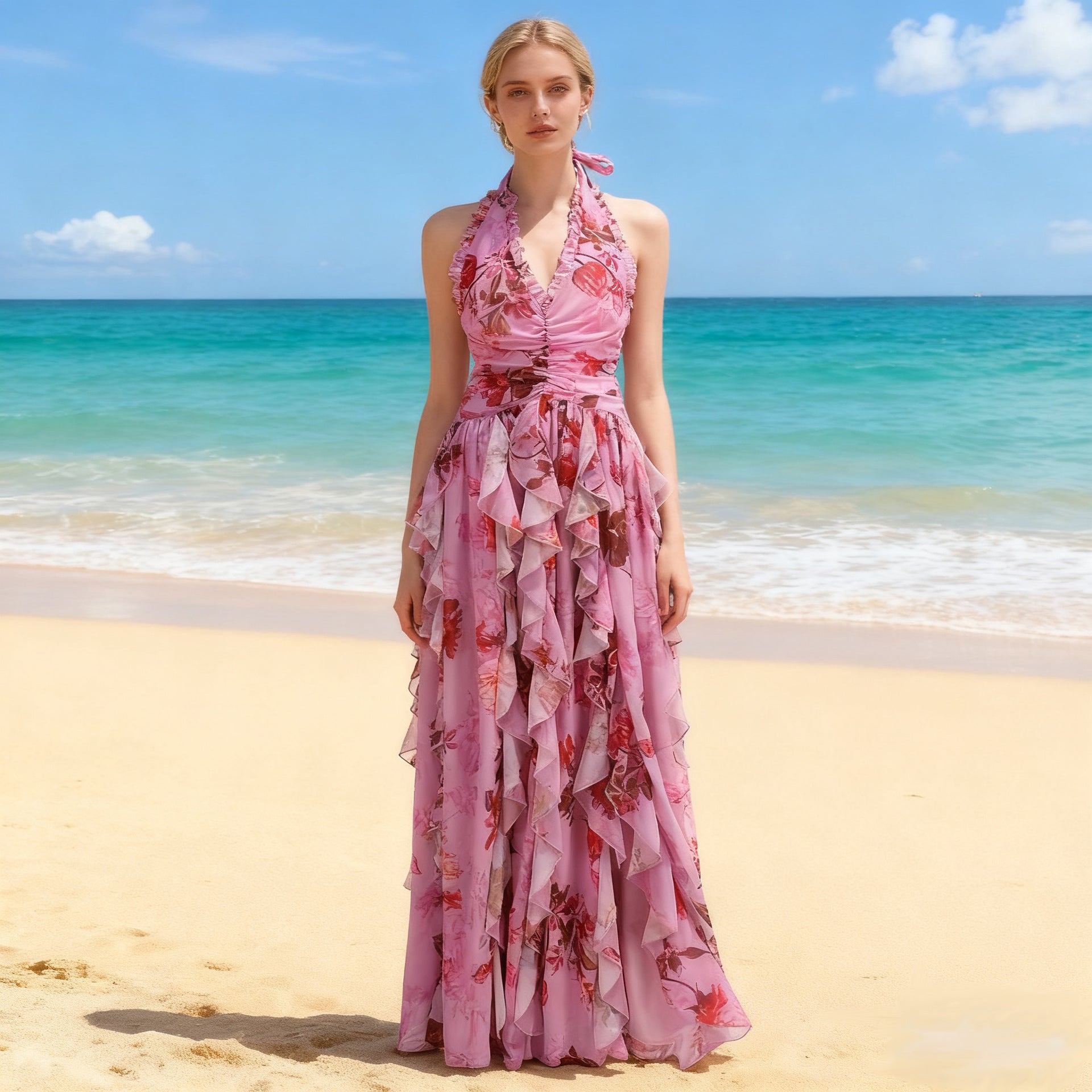 Sweet sleeveless halterneck floral sexy lotus leaf long dress