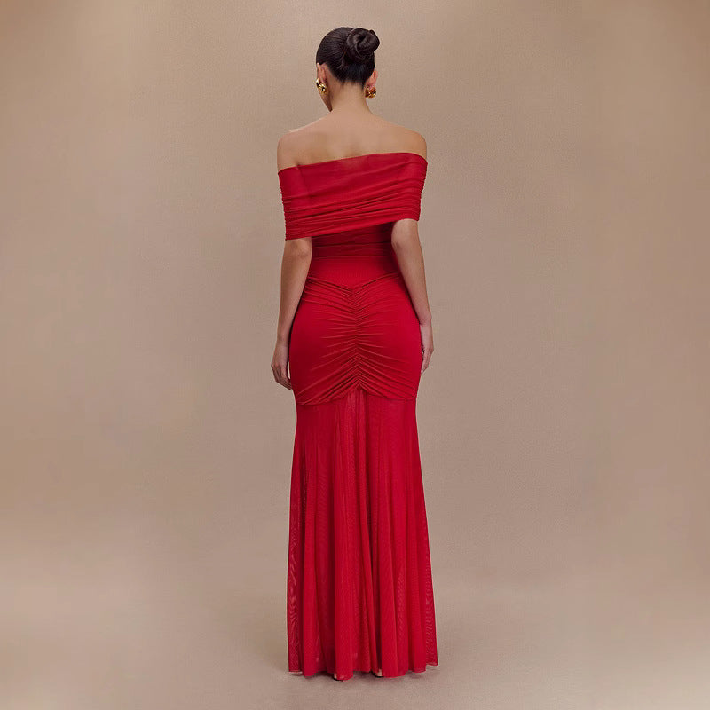 Strapless mesh stitching slim and elegant French dress