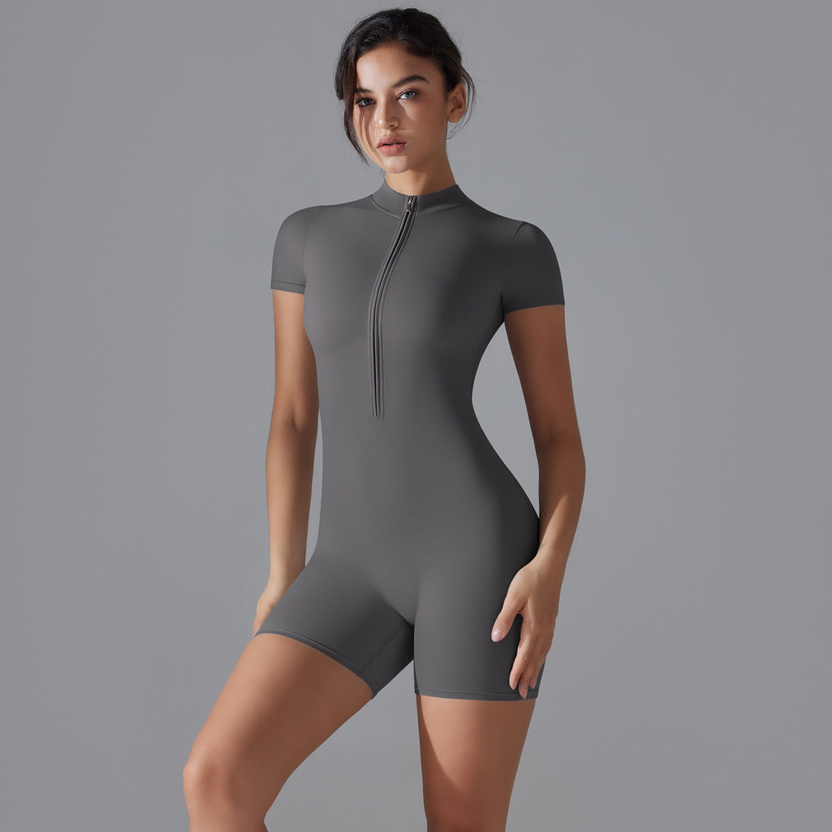 Short-sleeved zipper yoga one-piece athletic jumpsuit