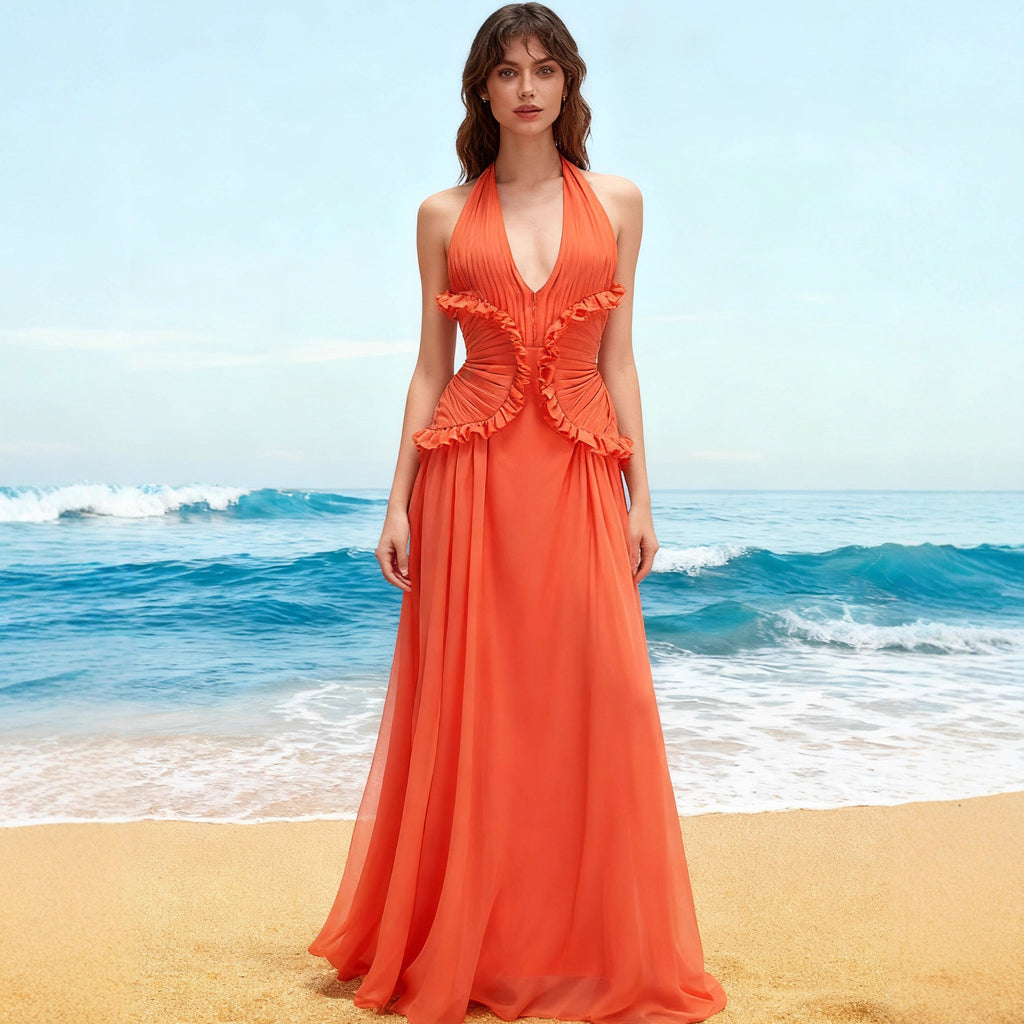 Halter neck deep V neck waist dress