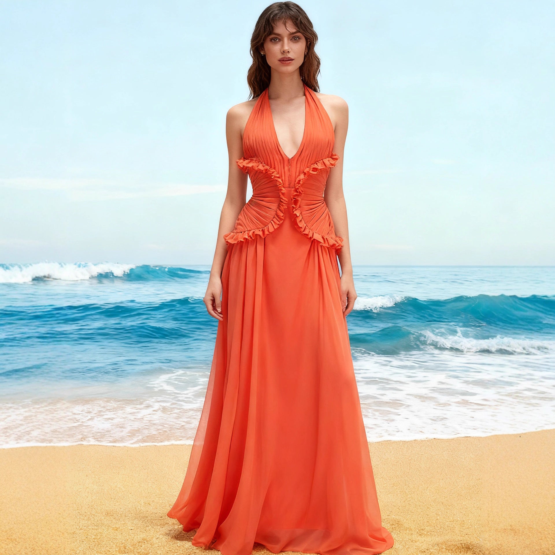 Halter neck deep V neck waist dress