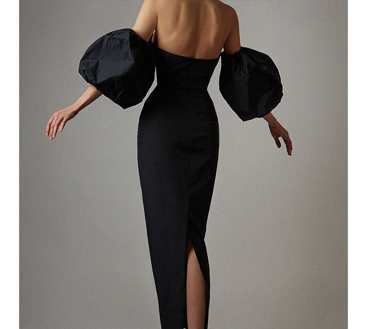 Black bandeau dress with large puff sleeves party dress female fashion dress mid-length skirt
