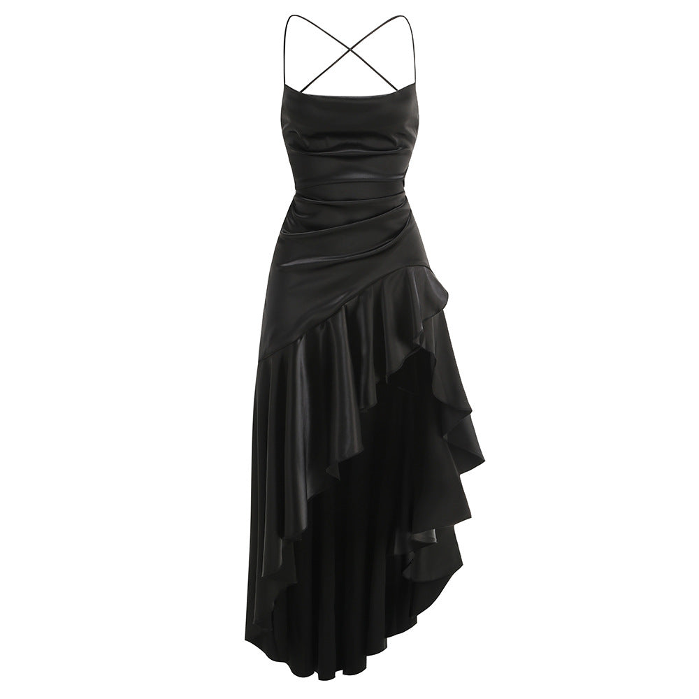 Spaghetti strap backless ruffled asymmetrical dress