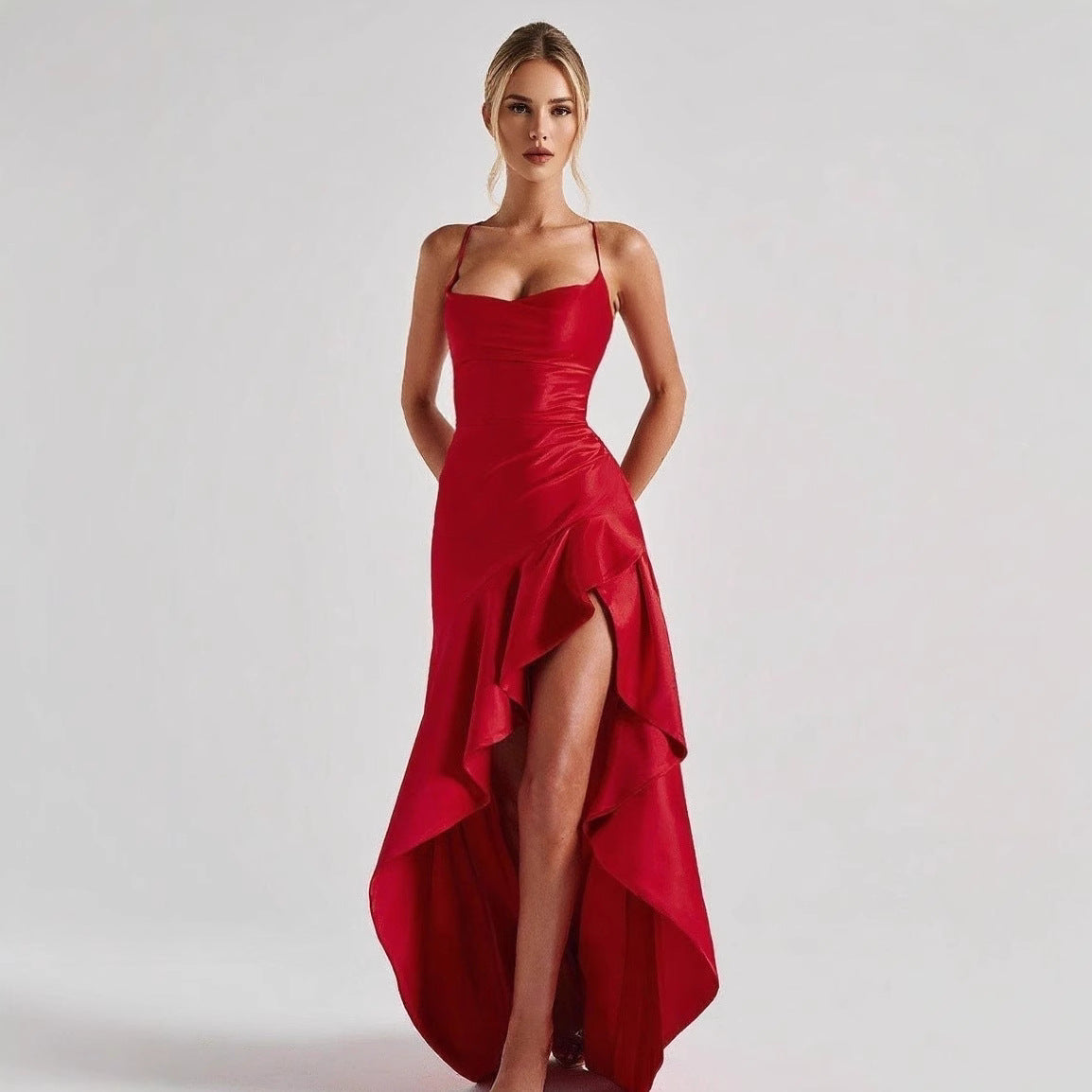 Spaghetti strap backless ruffled asymmetrical dress