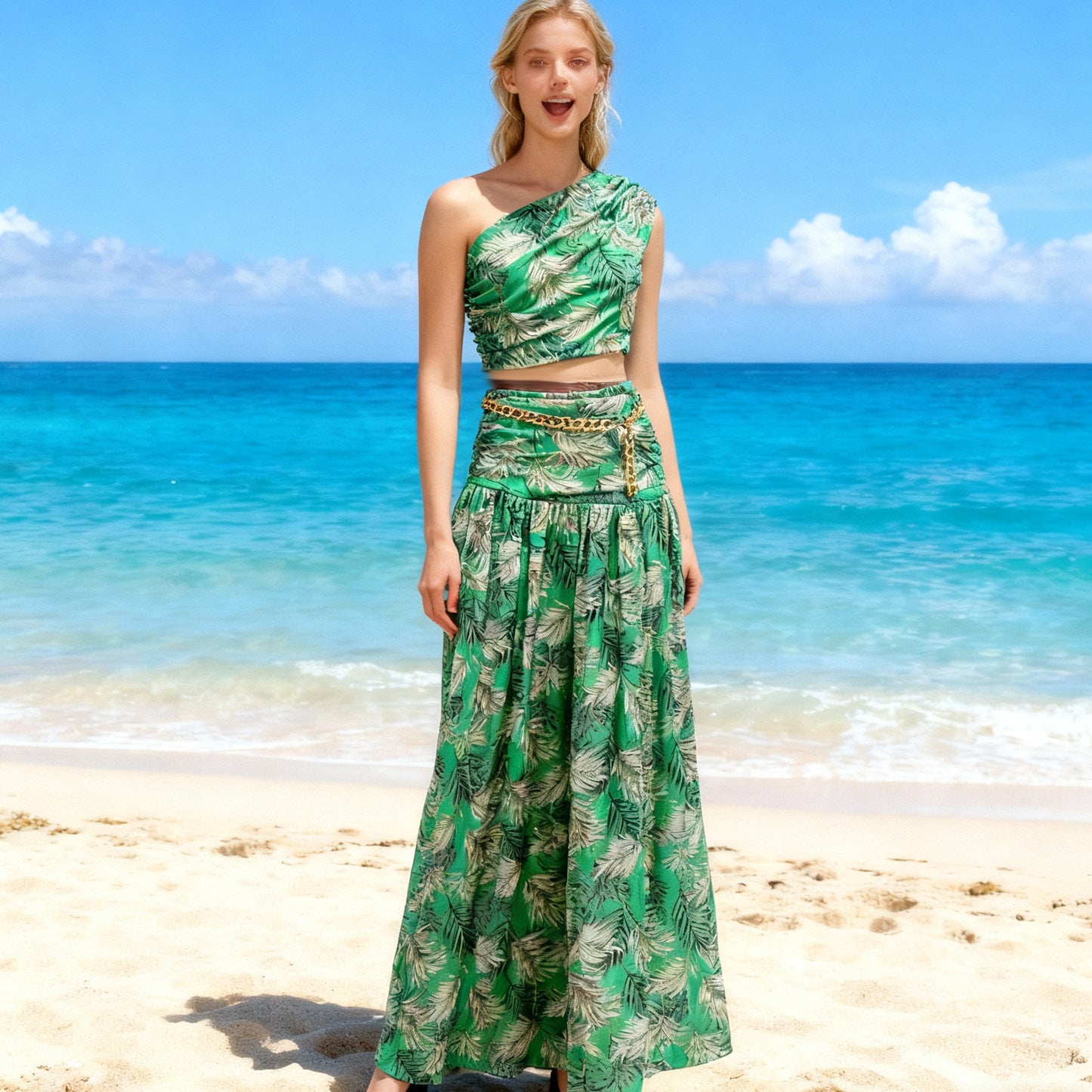 Holiday style one-shoulder two-piece high waist slit maxi dress evening party suit dress