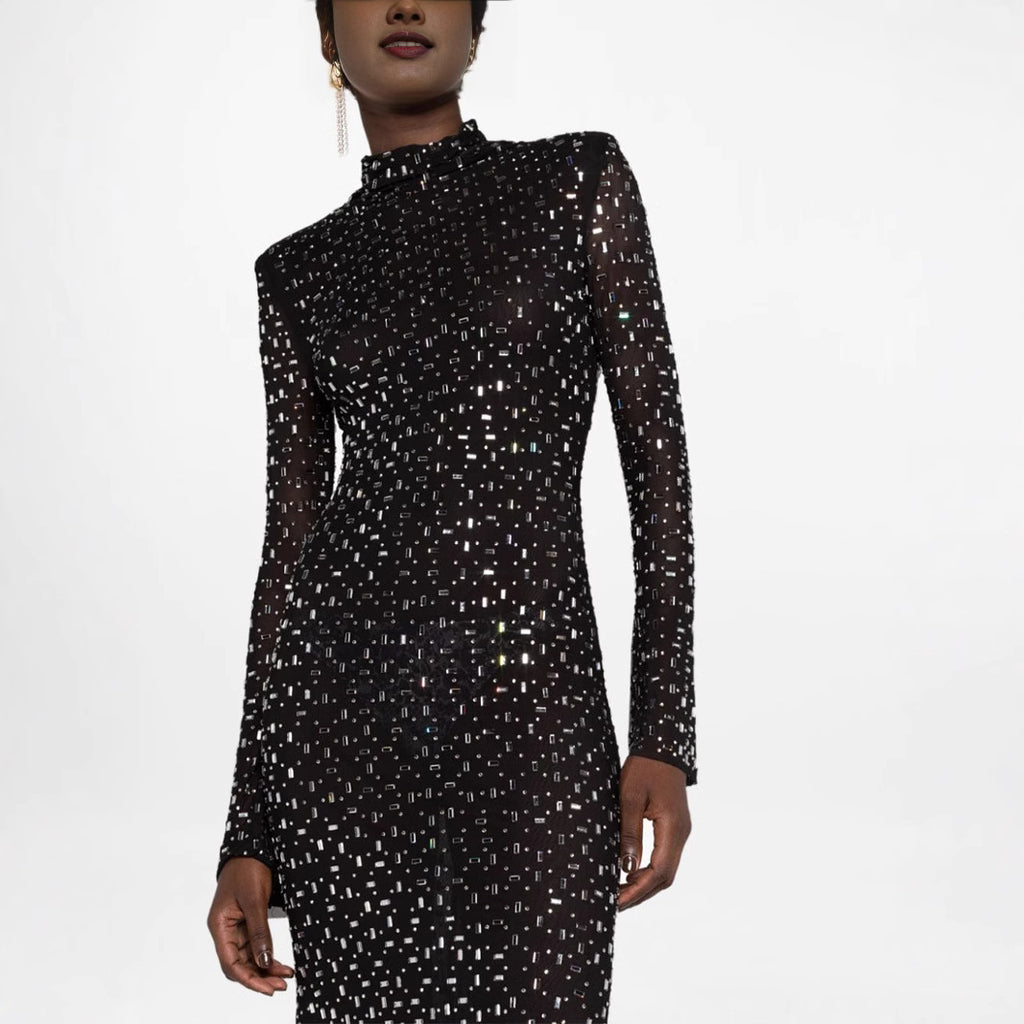Mesh half-high collar long sleeve hot diamond slim fit hip long dress