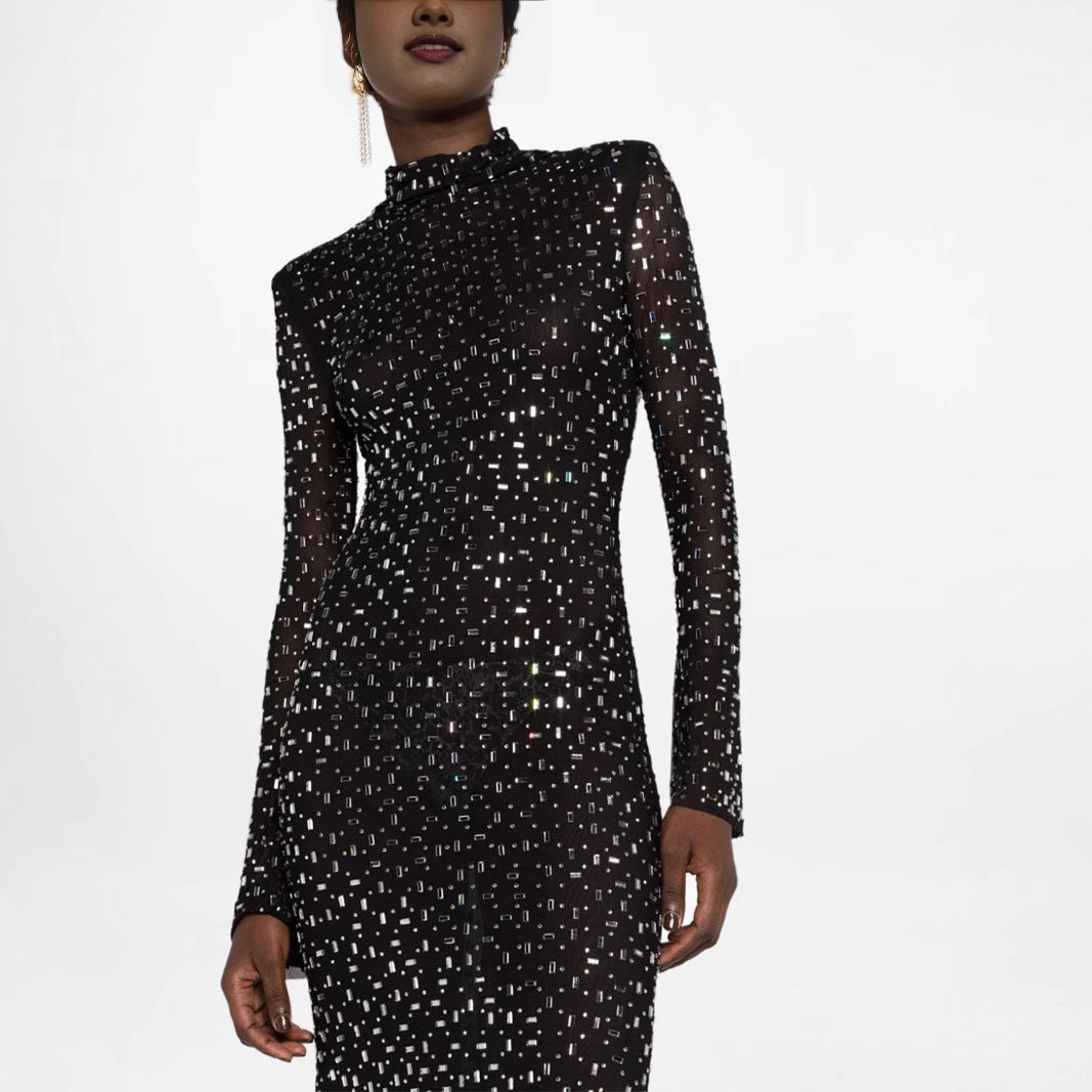 Mesh half-high collar long sleeve hot diamond slim fit hip long dress