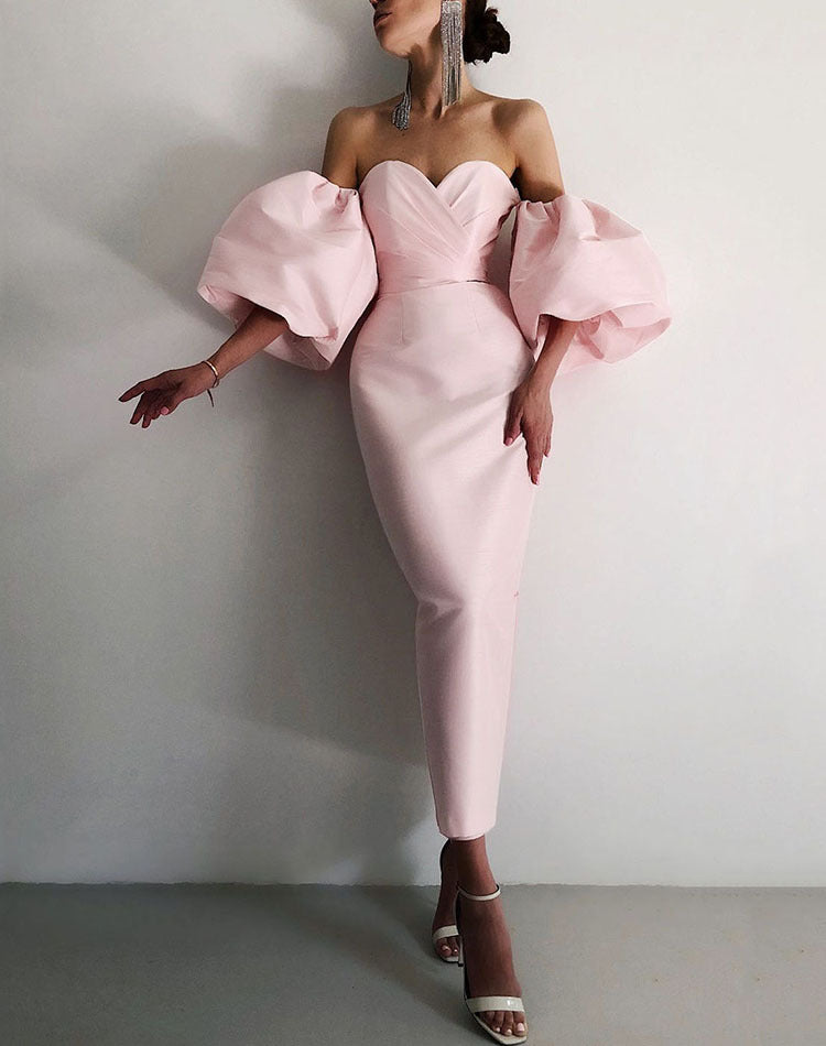 Black bandeau dress with large puff sleeves party dress female fashion dress mid-length skirt