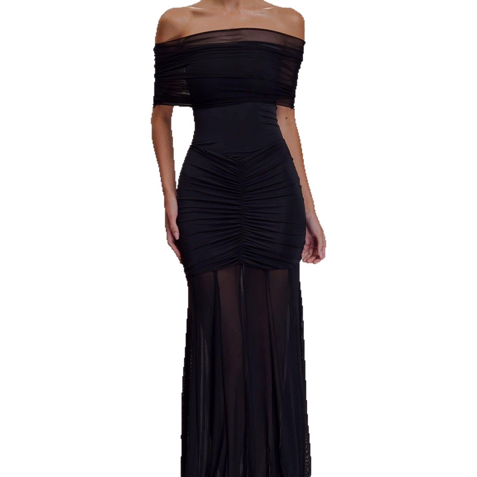 Strapless mesh stitching slim and elegant French dress