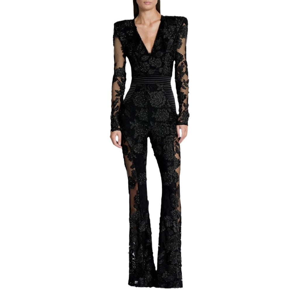 V-neck one-piece lace diamond long-sleeved sexy evening dress