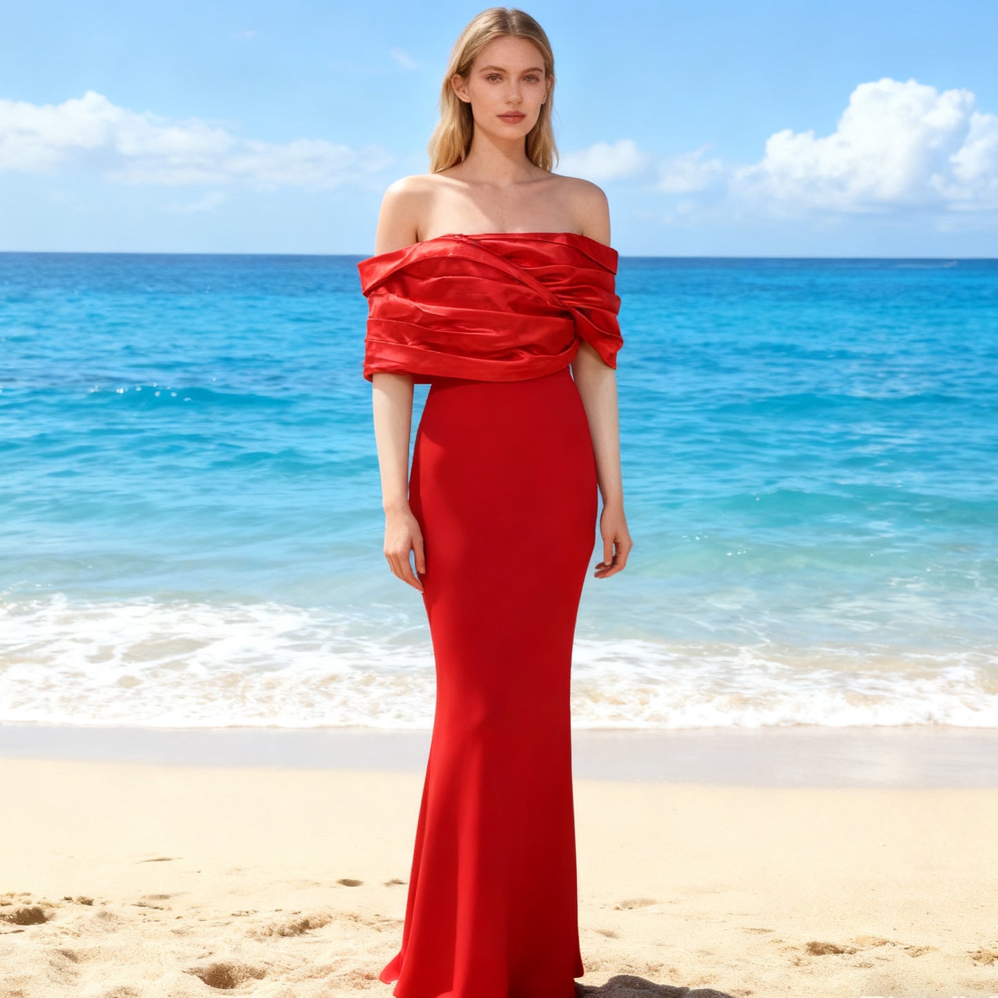 Off-the-shoulder solid color sexy slit strapless pleated dress