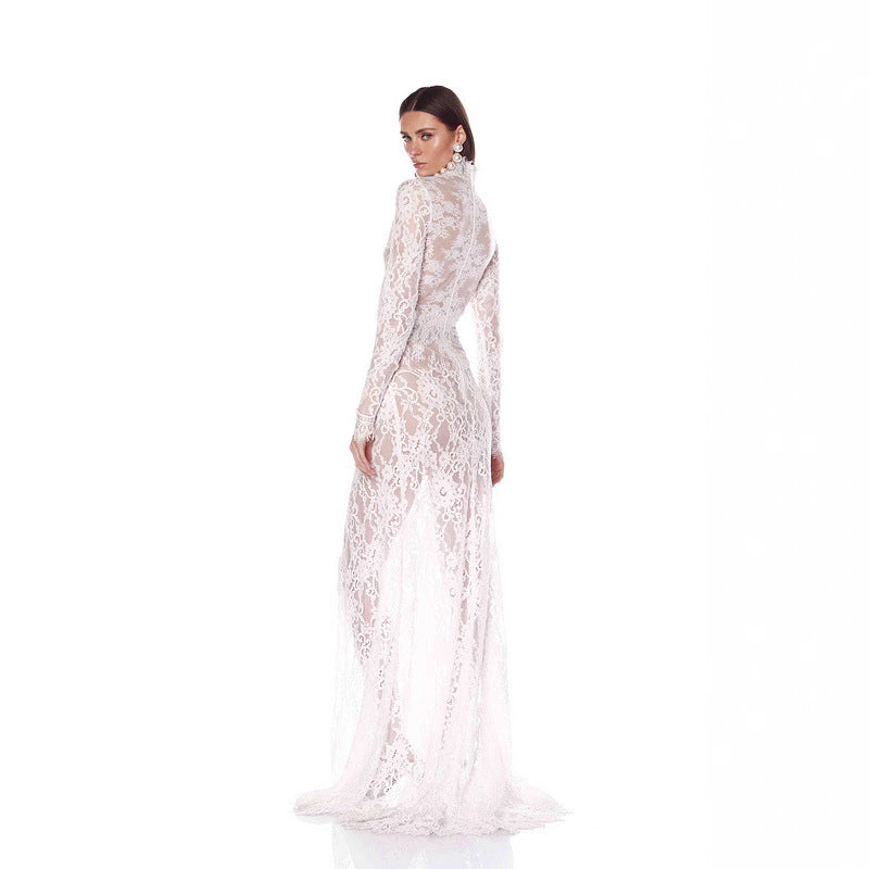 Black Deep V-neck lace long-sleeved see-through tight-fitting slit maxi dress