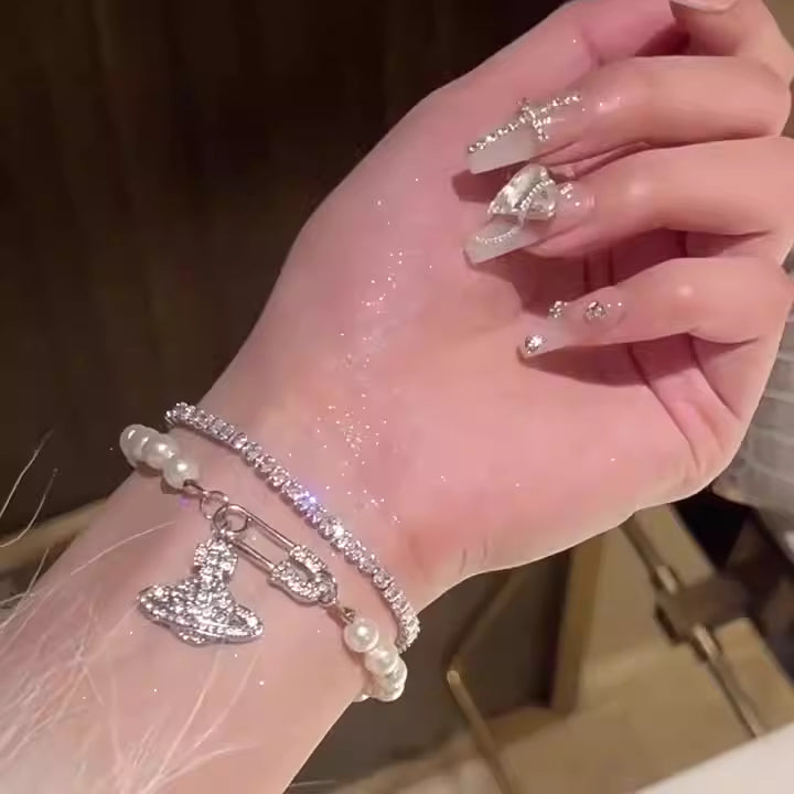 Pearl Saturn Bracelet and Necklace Set