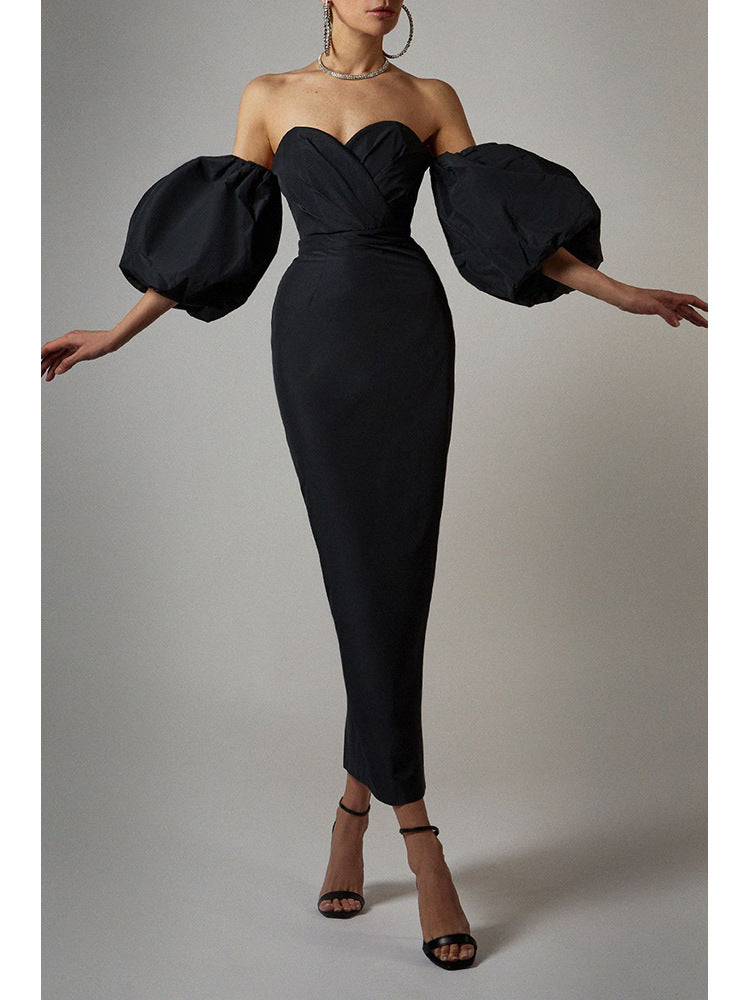 Black bandeau dress with large puff sleeves party dress female fashion dress mid-length skirt