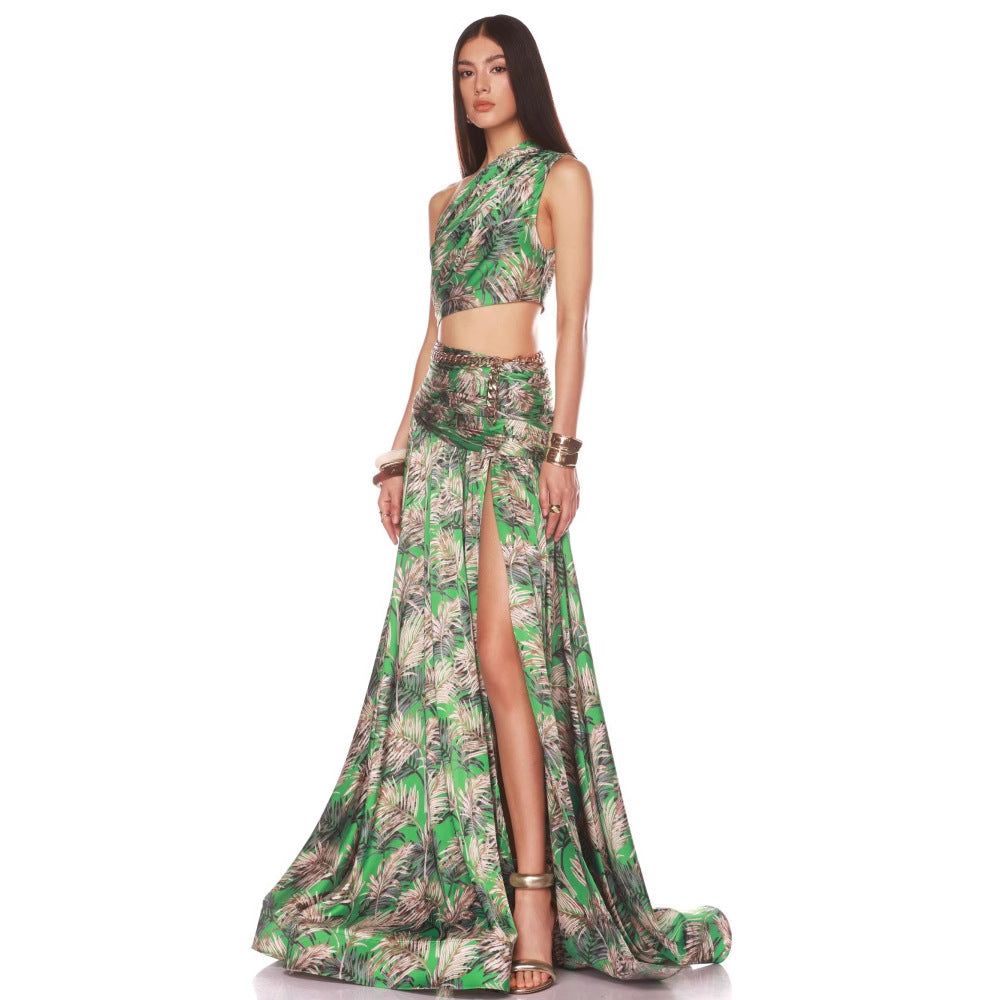 Holiday style one-shoulder two-piece high waist slit maxi dress evening party suit dress