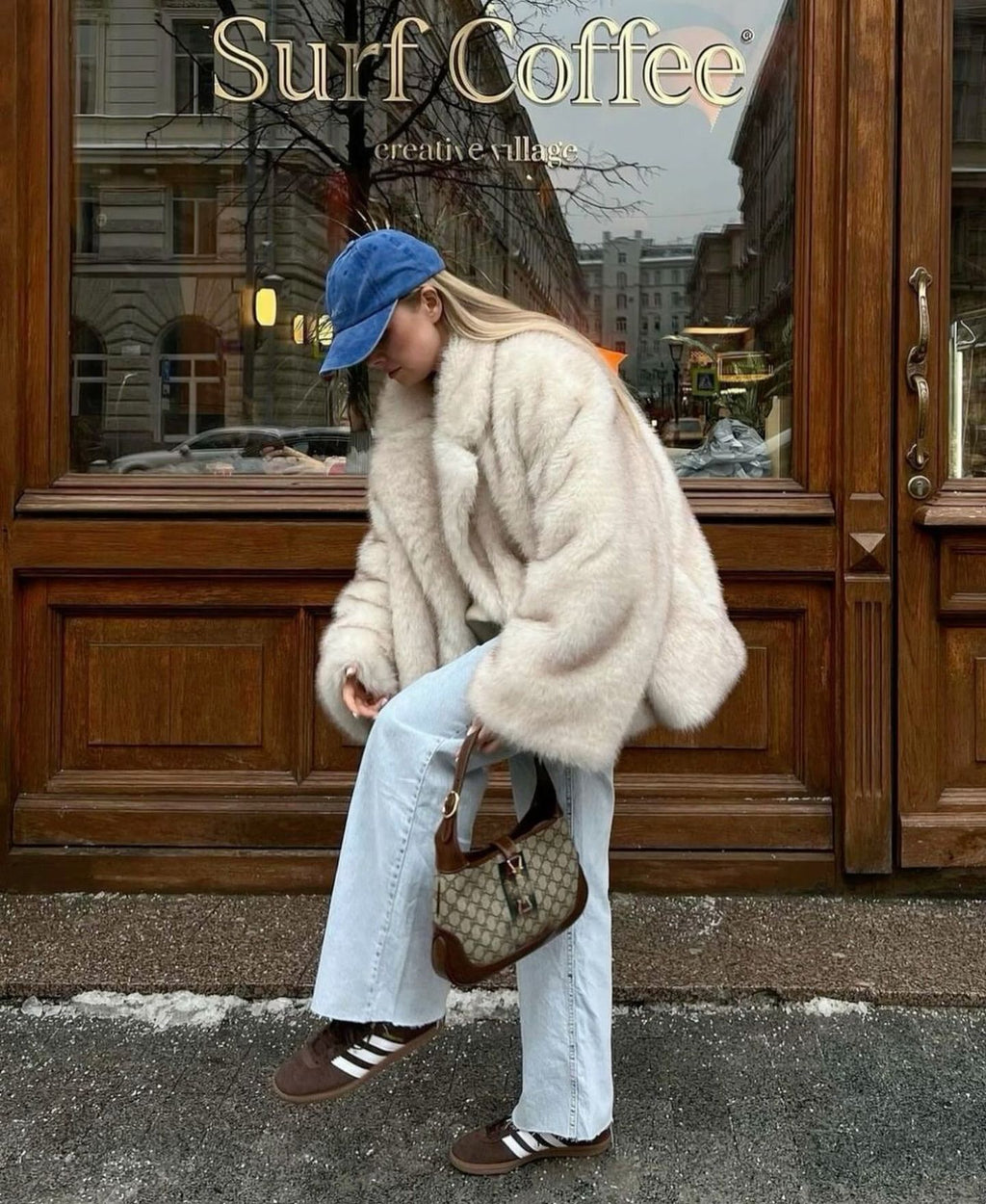 Eco-friendly fox fur dyed faux fur coat