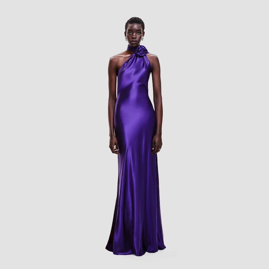 Satin high waist halterneck evening dress