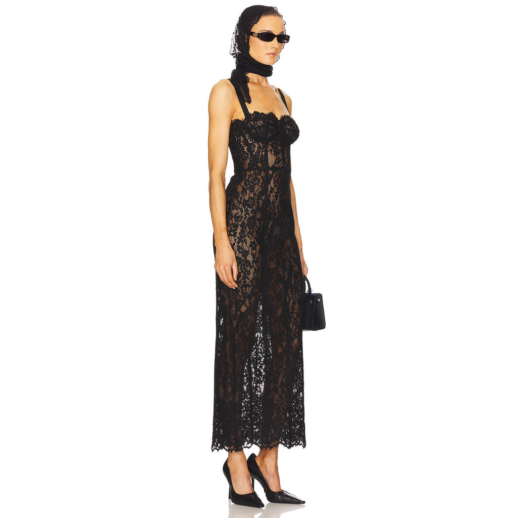 Black lace suspender see-through slim dress