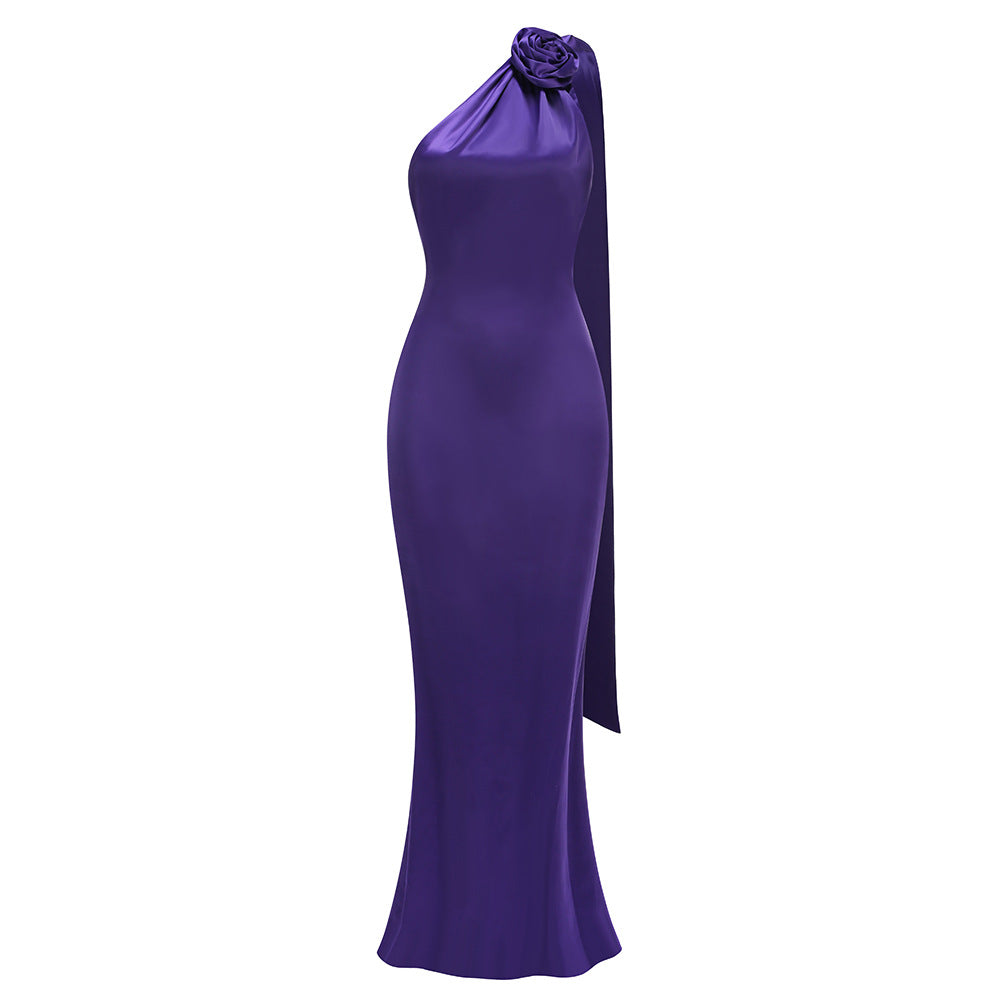 Satin high waist halterneck evening dress