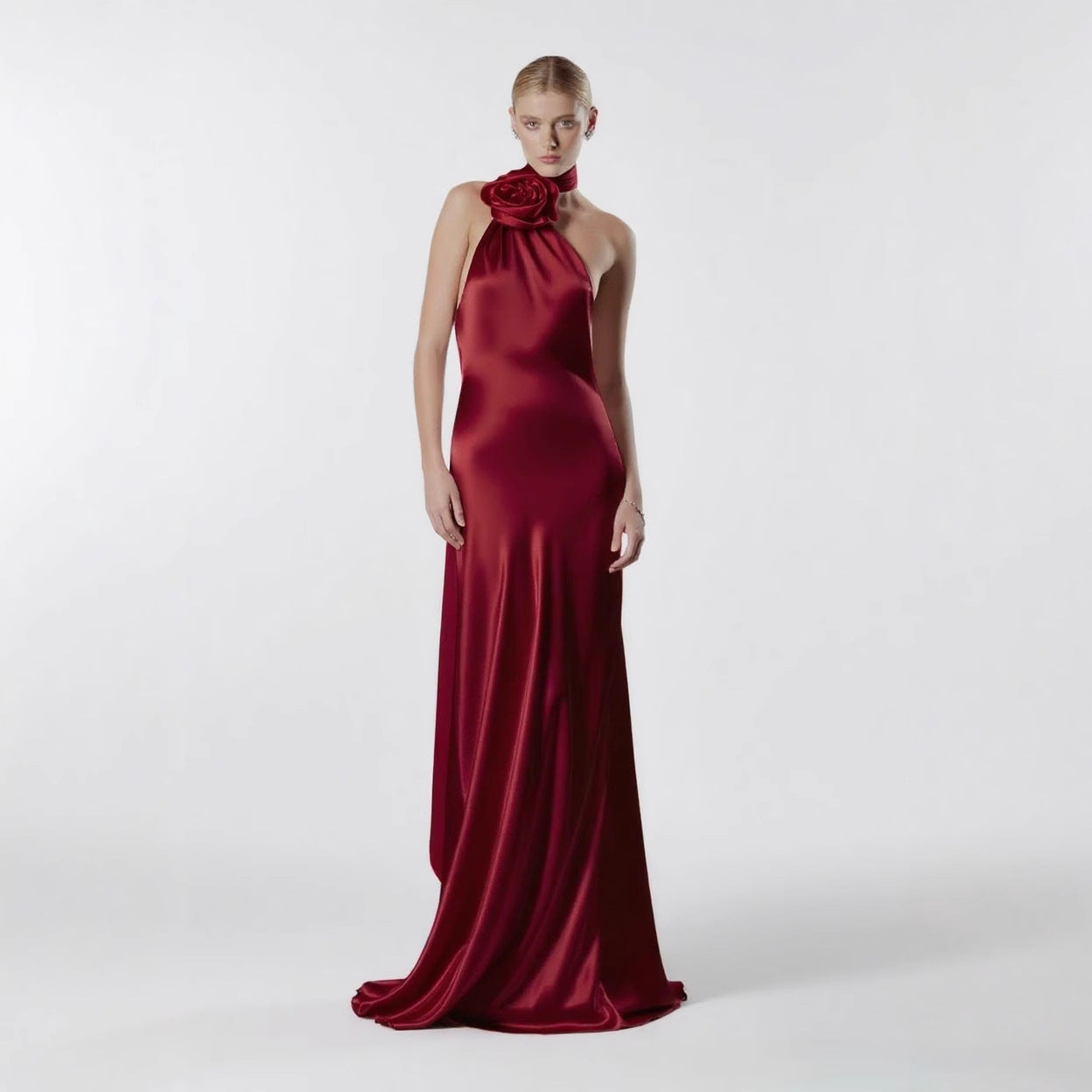Satin high waist halterneck evening dress