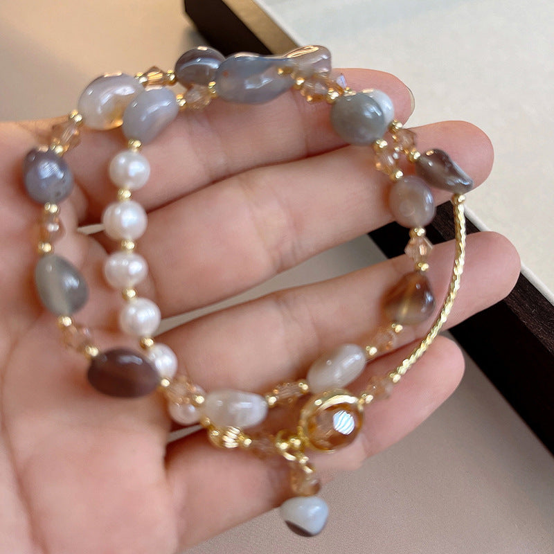 Pearl, crystal, and jade double-loop bracelet