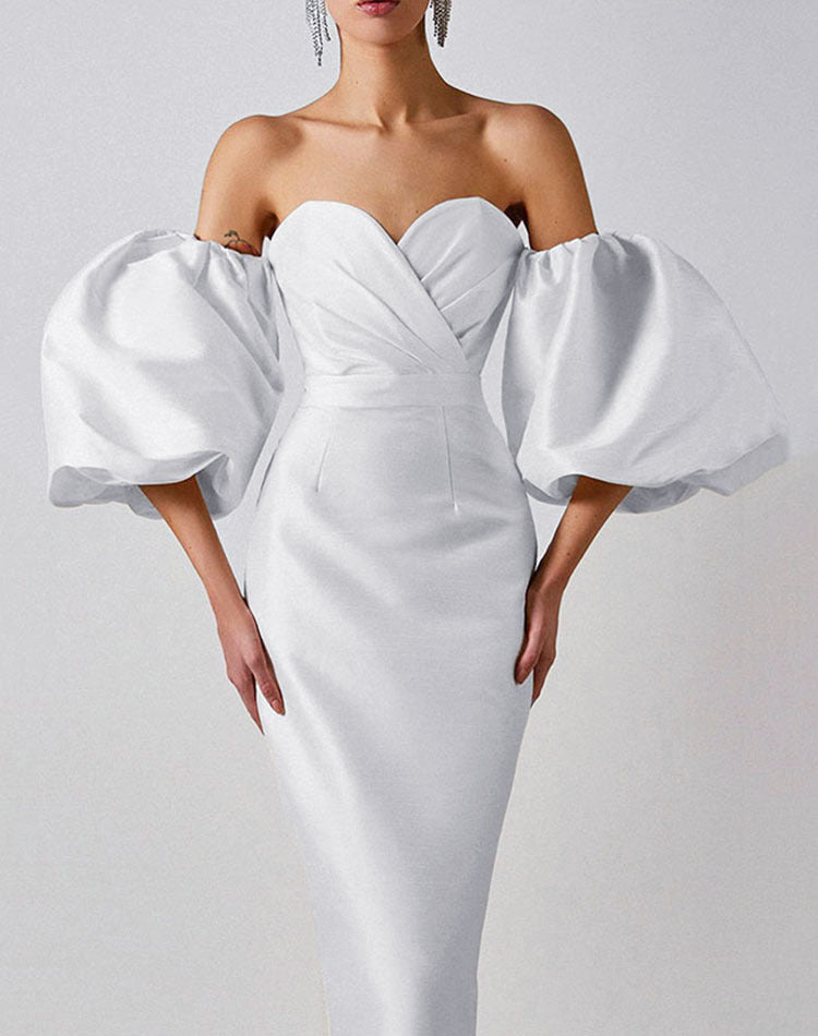 Black bandeau dress with large puff sleeves party dress female fashion dress mid-length skirt