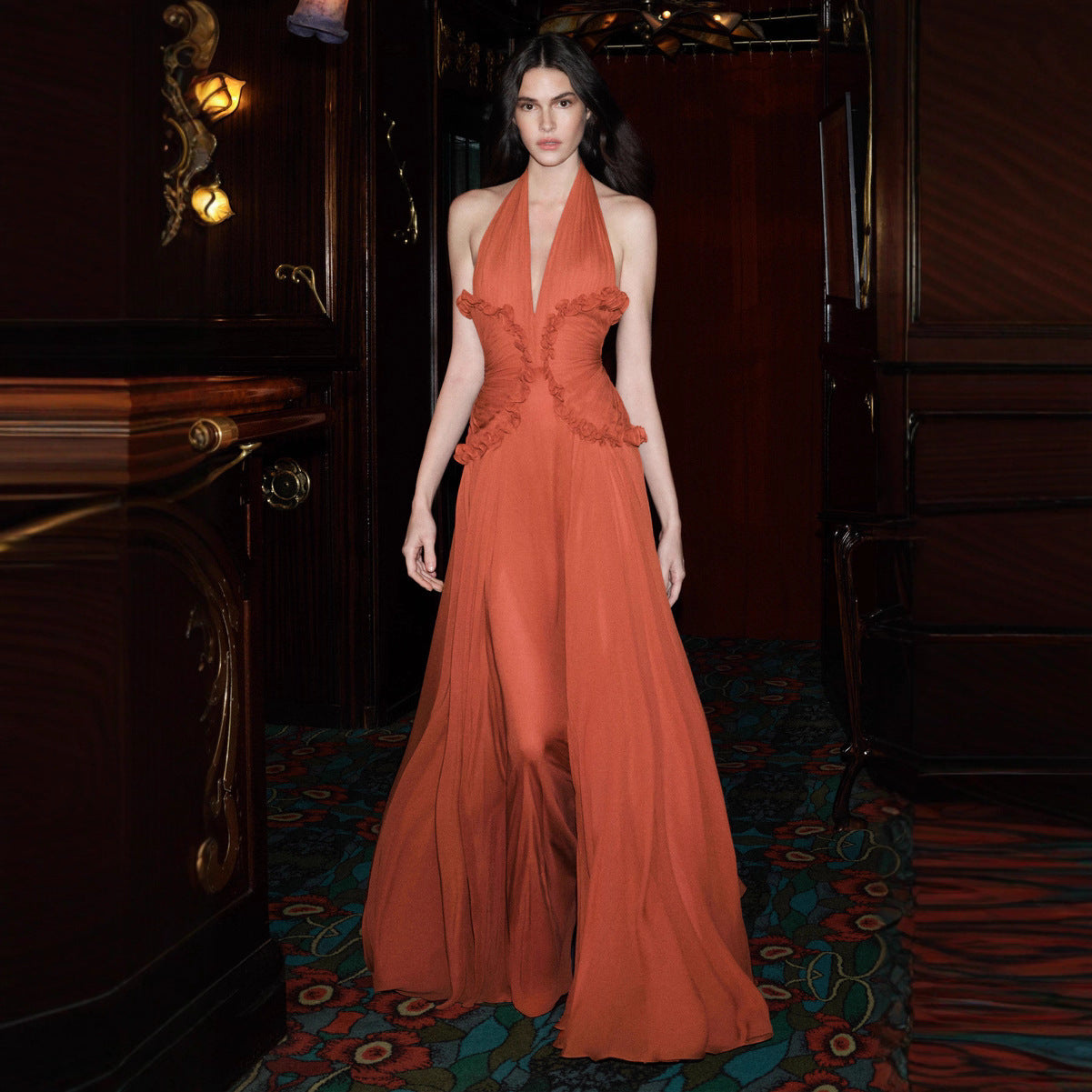 Halter neck deep V neck waist dress