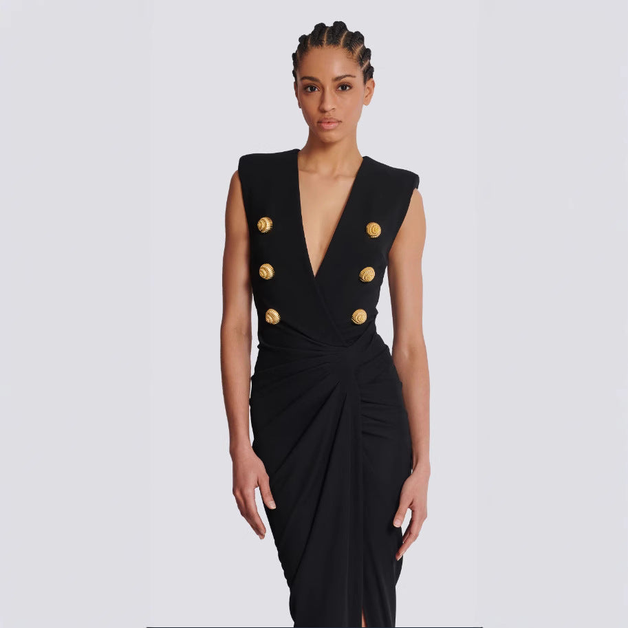 Sleeveless deep V-neck high-waisted dress with pleats and an irregular slit, evening gown