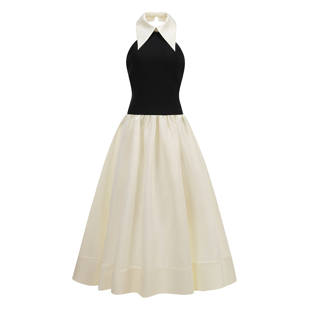 Black and white spliced halterneck sleeveless slim dress