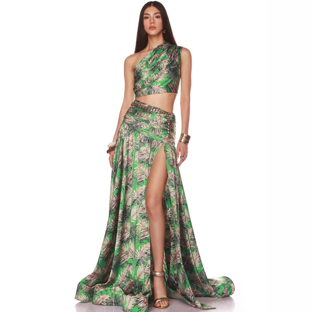 Holiday style one-shoulder two-piece high waist slit maxi dress evening party suit dress