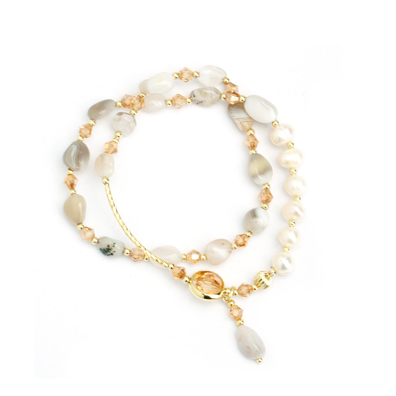 Pearl, crystal, and jade double-loop bracelet