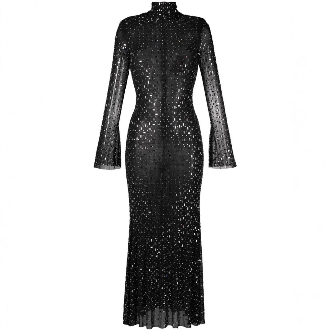 Mesh half-high collar long sleeve hot diamond slim fit hip long dress