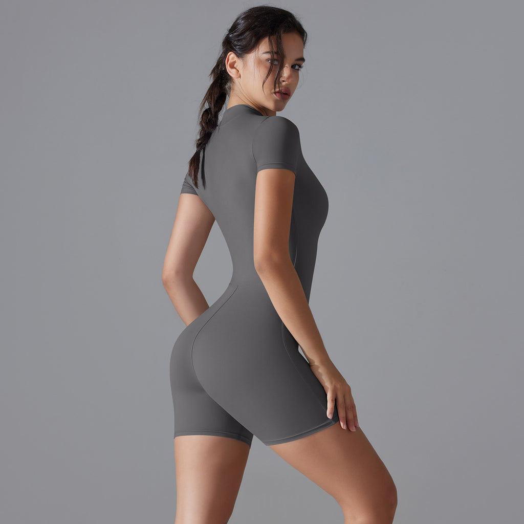 Short-sleeved zipper yoga one-piece athletic jumpsuit