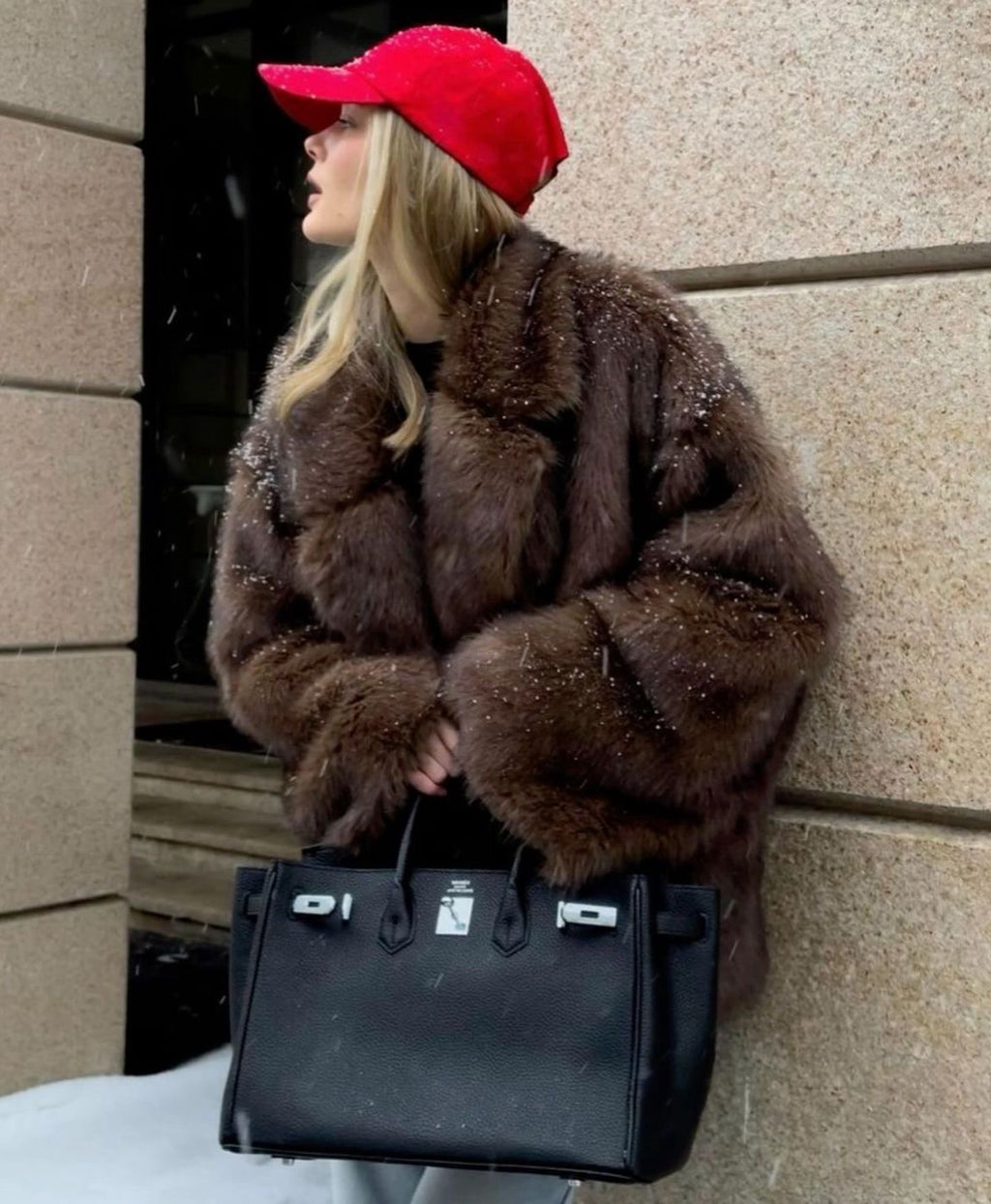 Eco-friendly fox fur dyed faux fur coat