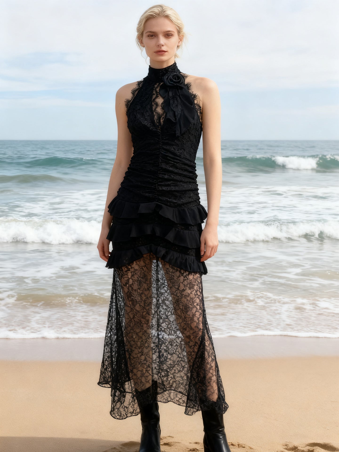 Sexy deep V halter neck lace slim fit evening dress