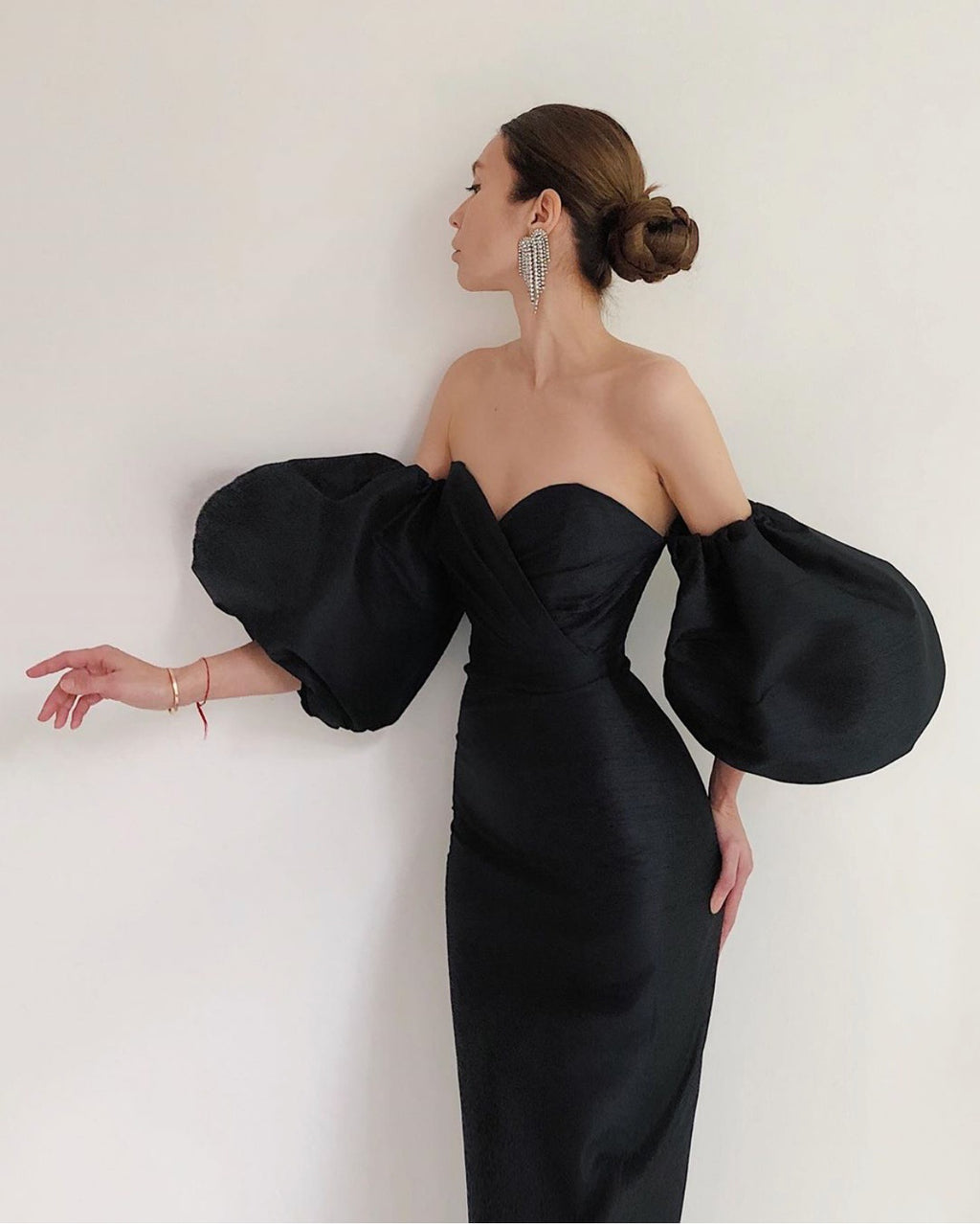 Black bandeau dress with large puff sleeves party dress female fashion dress mid-length skirt