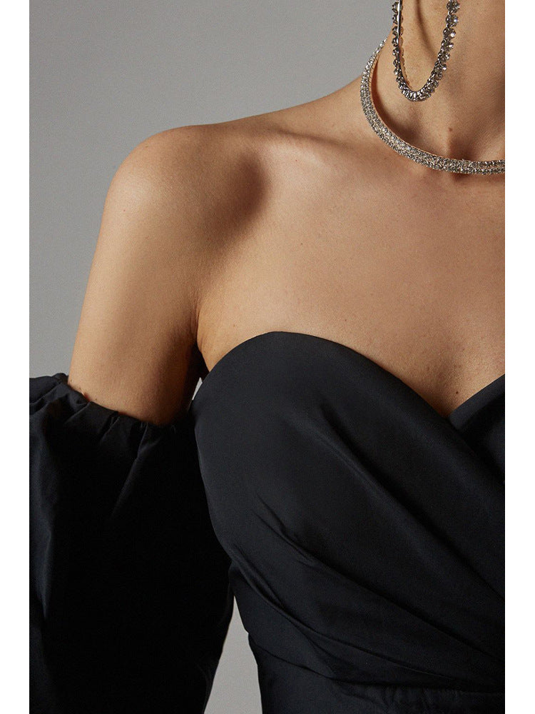 Black bandeau dress with large puff sleeves party dress female fashion dress mid-length skirt