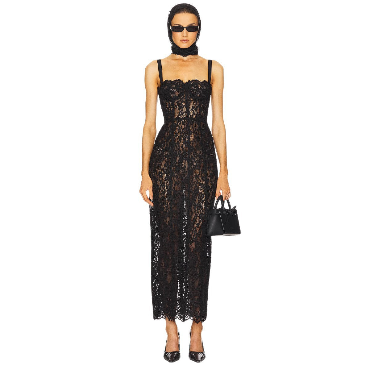 Black lace suspender see-through slim dress