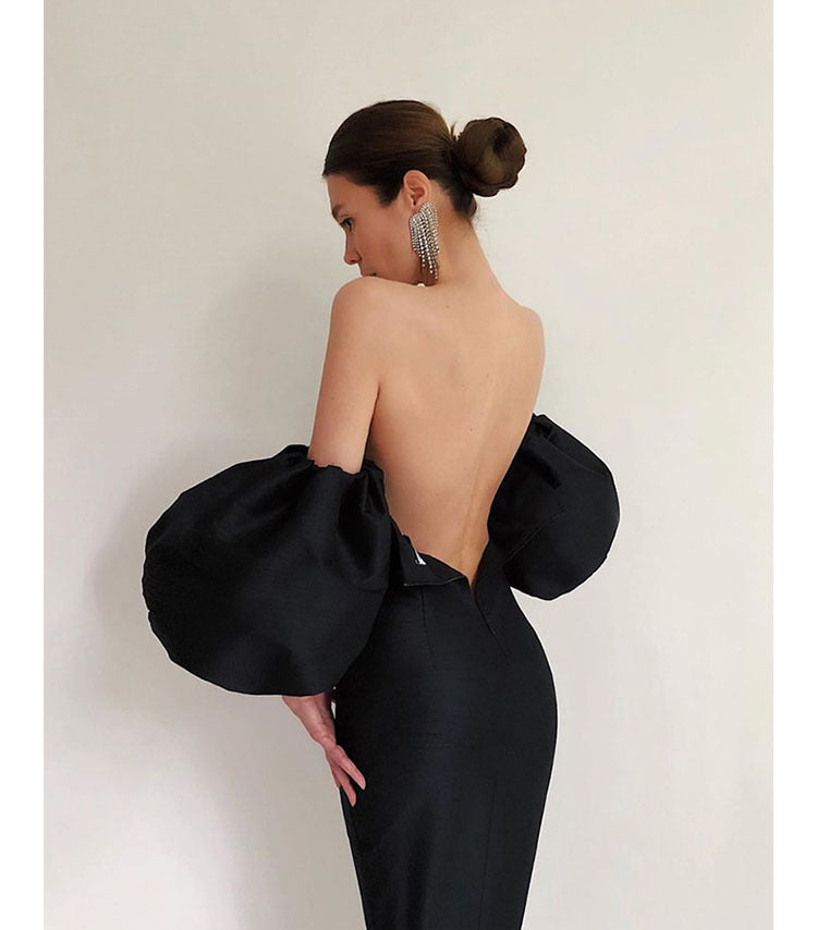 Black bandeau dress with large puff sleeves party dress female fashion dress mid-length skirt
