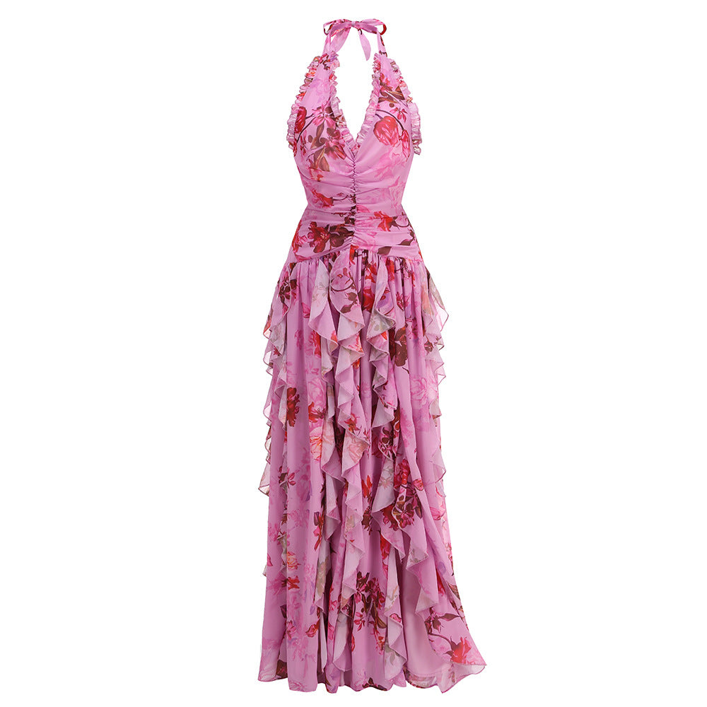 Sweet sleeveless halterneck floral sexy lotus leaf long dress