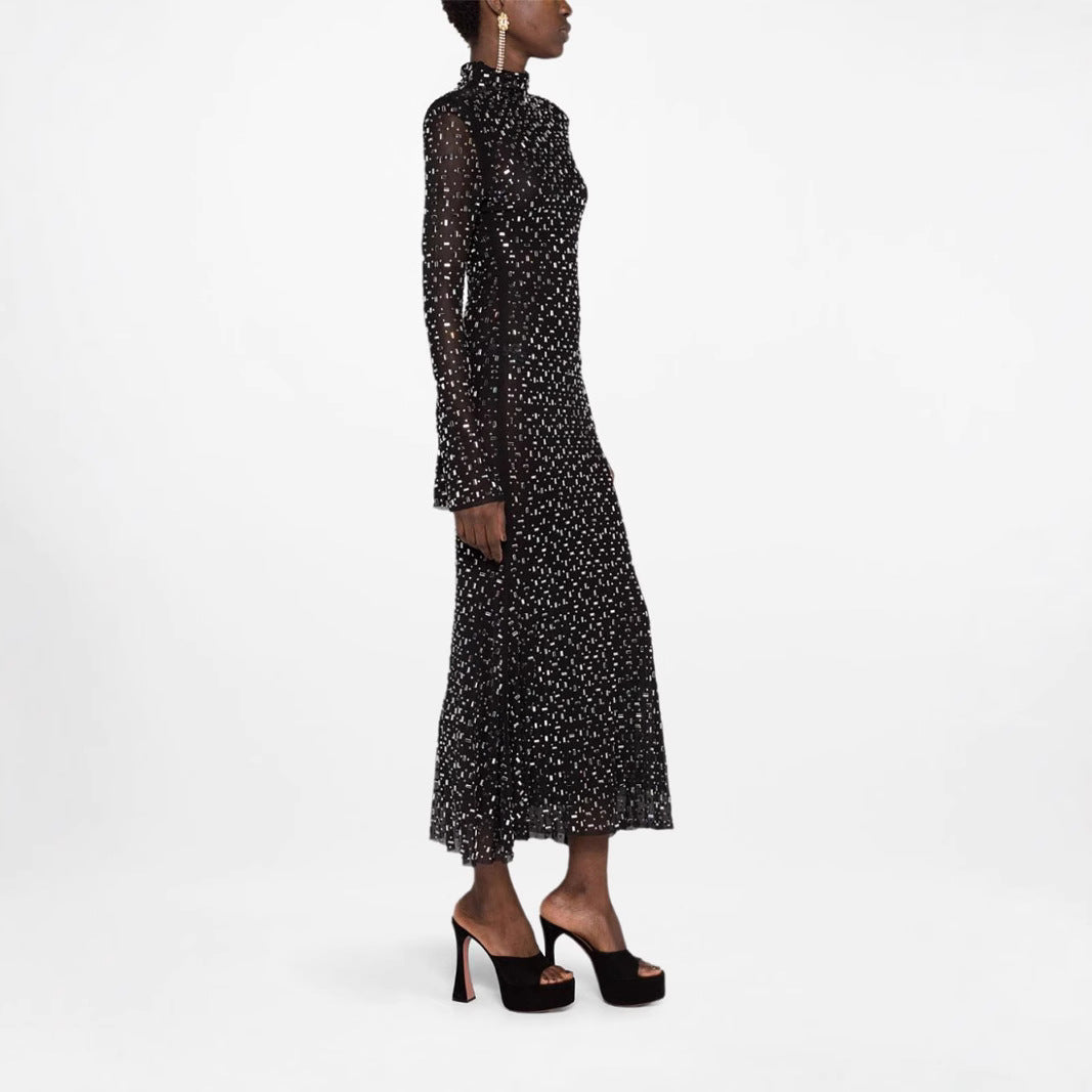 Mesh half-high collar long sleeve hot diamond slim fit hip long dress