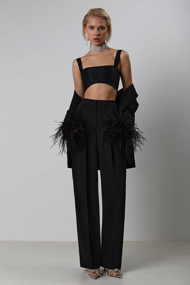 Lapel slim cardigan niche black casual hot diamond fur suit jacket pants two-piece suit