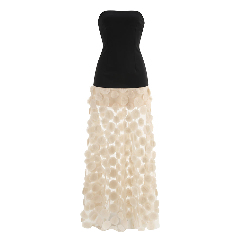 Temperament tube top slim black top spliced with white polka dot mesh long skirt elegant atmosphere banquet dress