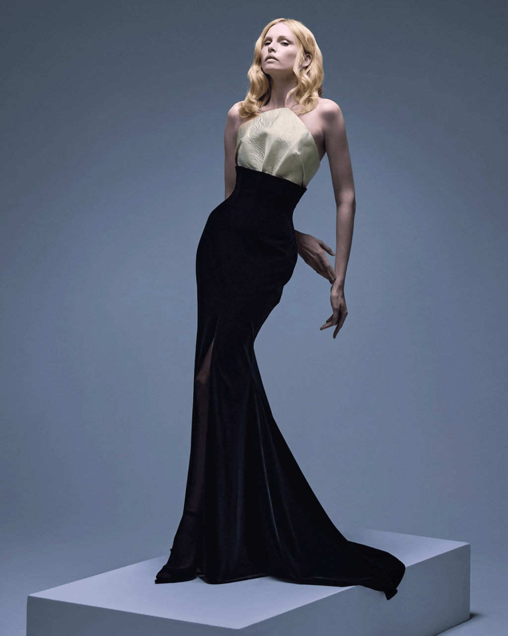 Leather stitching black velvet slit long skirt high waist slim sexy fishtail evening dress skirt