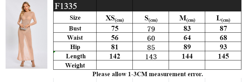 Nude mesh long-sleeved dress with heavy-duty rhinestone embellishments, slimming and flattering long banquet gown