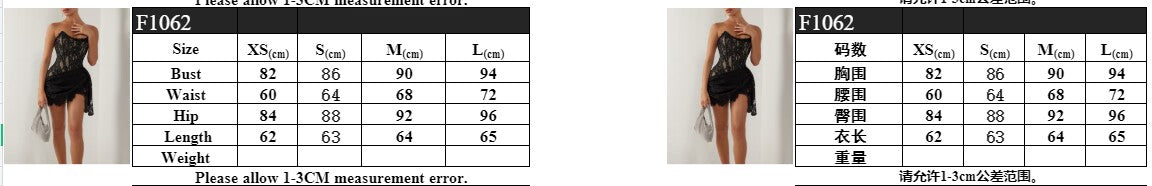 Lace irregular tube top short skirt fishbone see-through waist dress