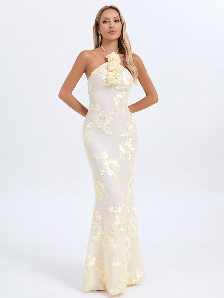 Griselda Flower Halter Embroidery Maxi Dress - White